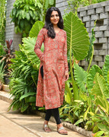 Rust Red Ethnic Printed Straight Full Sleeves Kurta