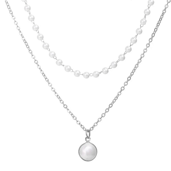 Pearl-Studded Silver Toned Double Layer Necklace