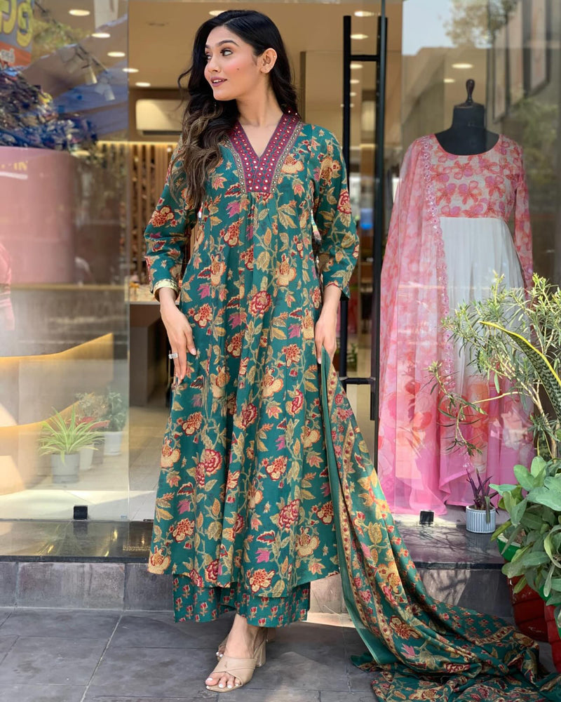 Red Floral Printed Cambric Cotton Kurti with Palazzo & Dupatta