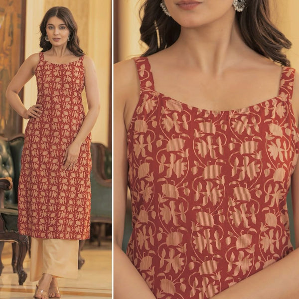Rust Red Sleeveless Printed Cotton Kurti