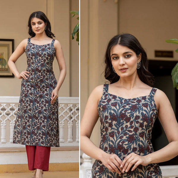 Floral Printed Sleeveless Cotton Kurti