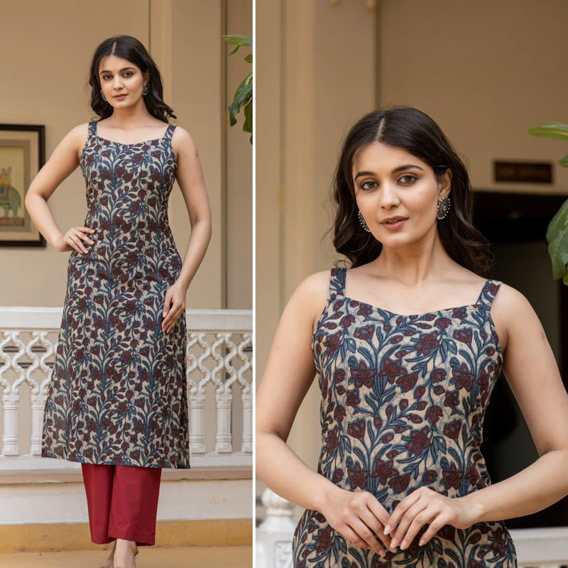 Floral Printed Sleeveless Cotton Kurti