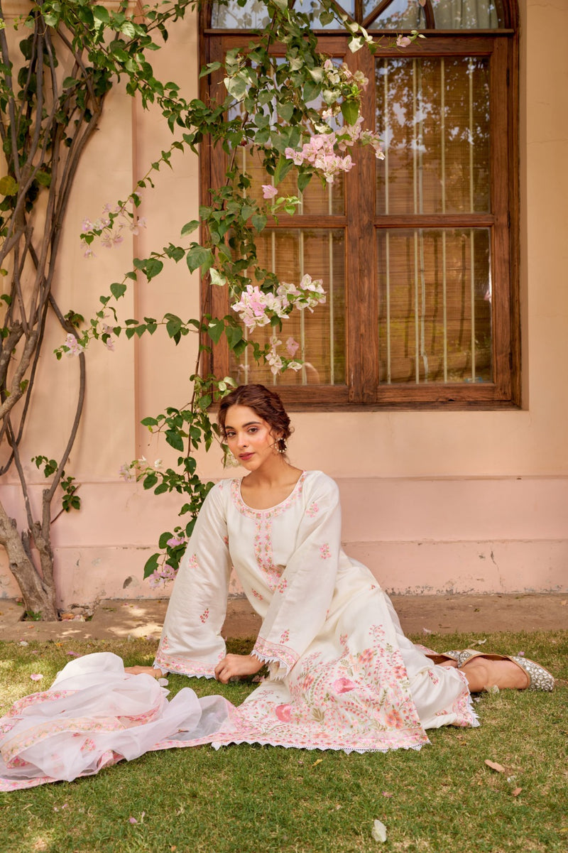 Soft Chanderi White & Pink Floral Embroidered Kurti with Dupatta