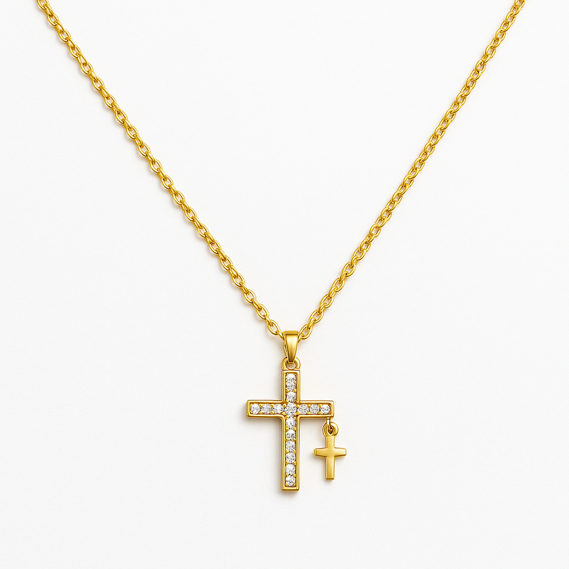 Gold-Plated Dual Cross Pendant Necklace with Cubic Zirconia
