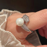 Silver Toned Pearl Studded Silver Jaguar Themed Finger Ring with Pearl Accent for Women