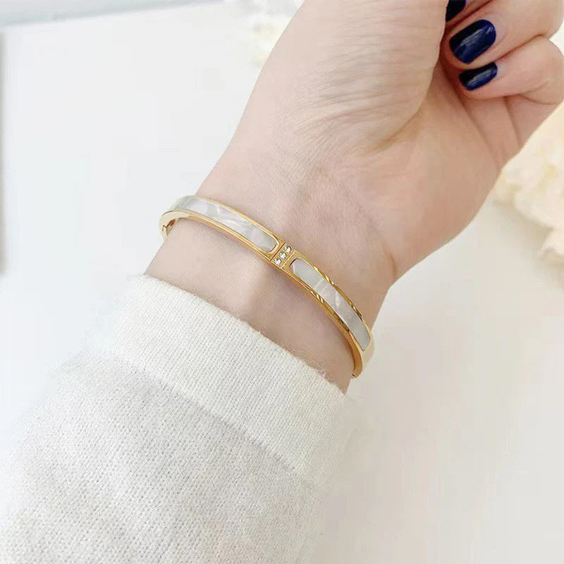 Gold Toned Mother of Pearls Contemporary Anti-Tarnish Bracelet with Enamel Inlay & Crystal Accents