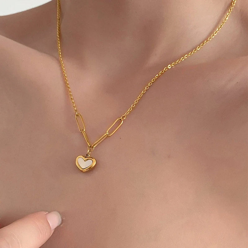 Gold-Toned Chain-Link Necklace with White Enamel Pendant Anti Tarnish Heart Themed Pendant