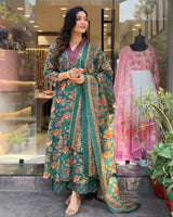 Red Floral Printed Cambric Cotton Kurti with Palazzo & Dupatta