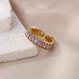 Gold Toned Anti Tarnish Purple Adjustable Finger Ring  with Lavender Baguette-Cut Stones
