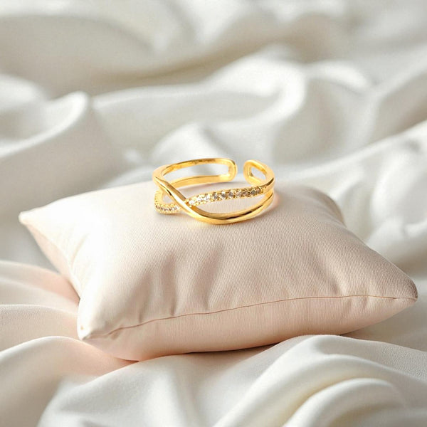 Gold-Plated Adjustable Crossover Ring with CZ Accents