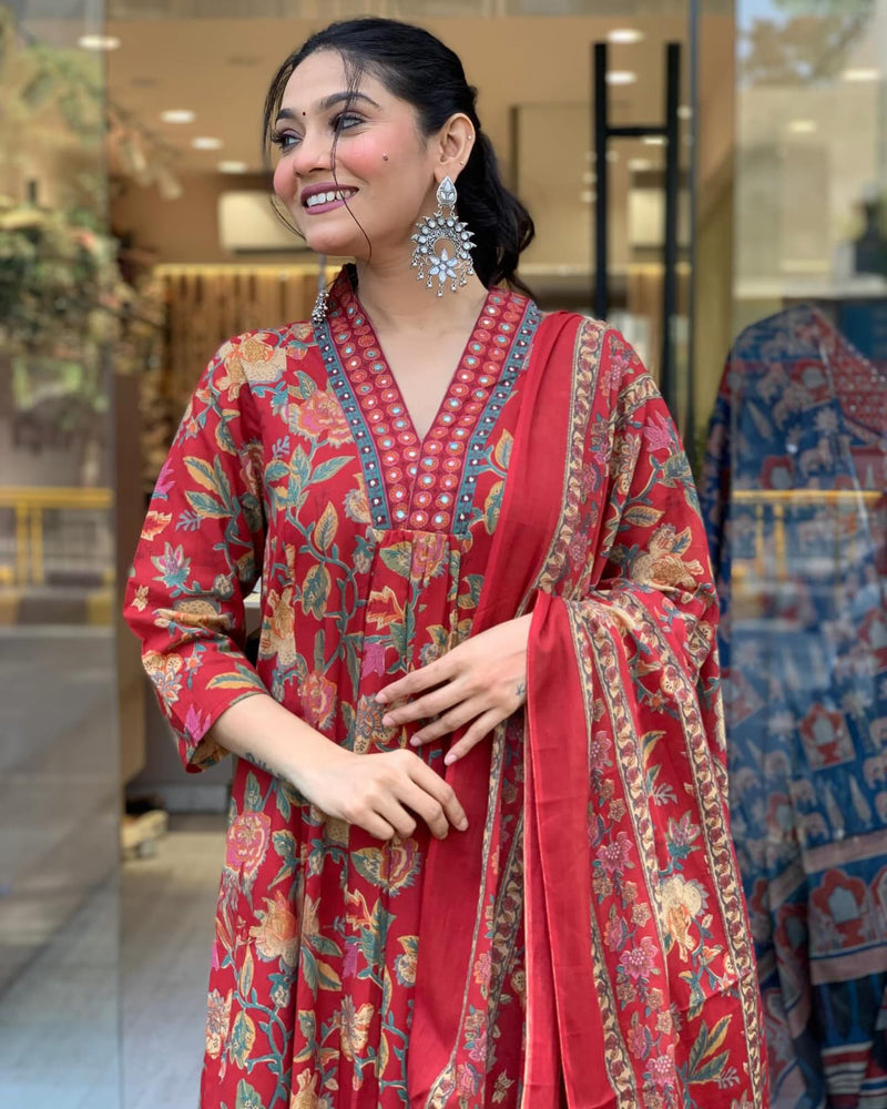 Red Floral Printed Cambric Cotton Kurti with Palazzo & Dupatta