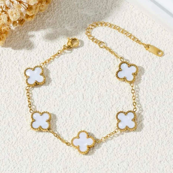 Gold-Plated White Clover Charm Bracelet with Adjustable Chain