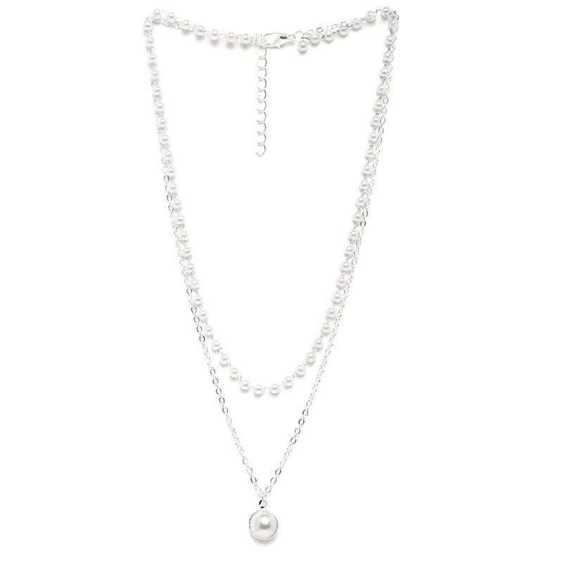 Pearl-Studded Silver Toned Double Layer Necklace