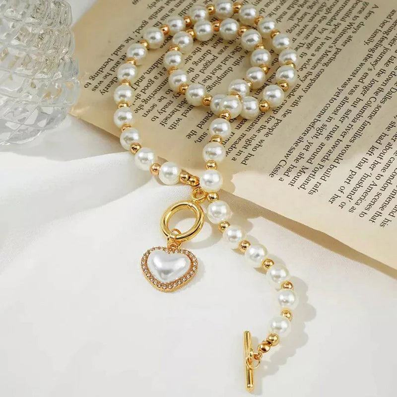 Elegant White Gold Toned Heart inspired Pearl Necklace For Women