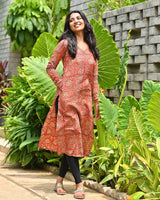 Rust Red Ethnic Printed Straight Full Sleeves Kurta