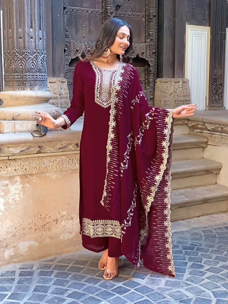 Maroon Embroidered Kurta Set with Dupatta