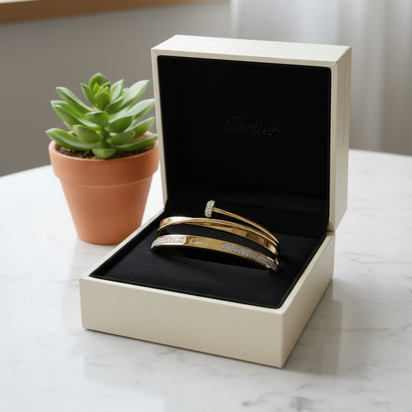 Gold Plated Bangle Bracelet for Women | Paved Cubic Zirconia Stones | Minimalist Nail Design Cuff | Tarnish Resistant Fashion Jewelry