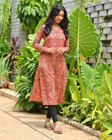 Rust Red Ethnic Printed Straight Full Sleeves Kurta