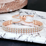 Elegant Rose Gold Toned Dual Strand Round Cut Cubic Zirconia White Matrix Adjustable Tennis Bracelet
