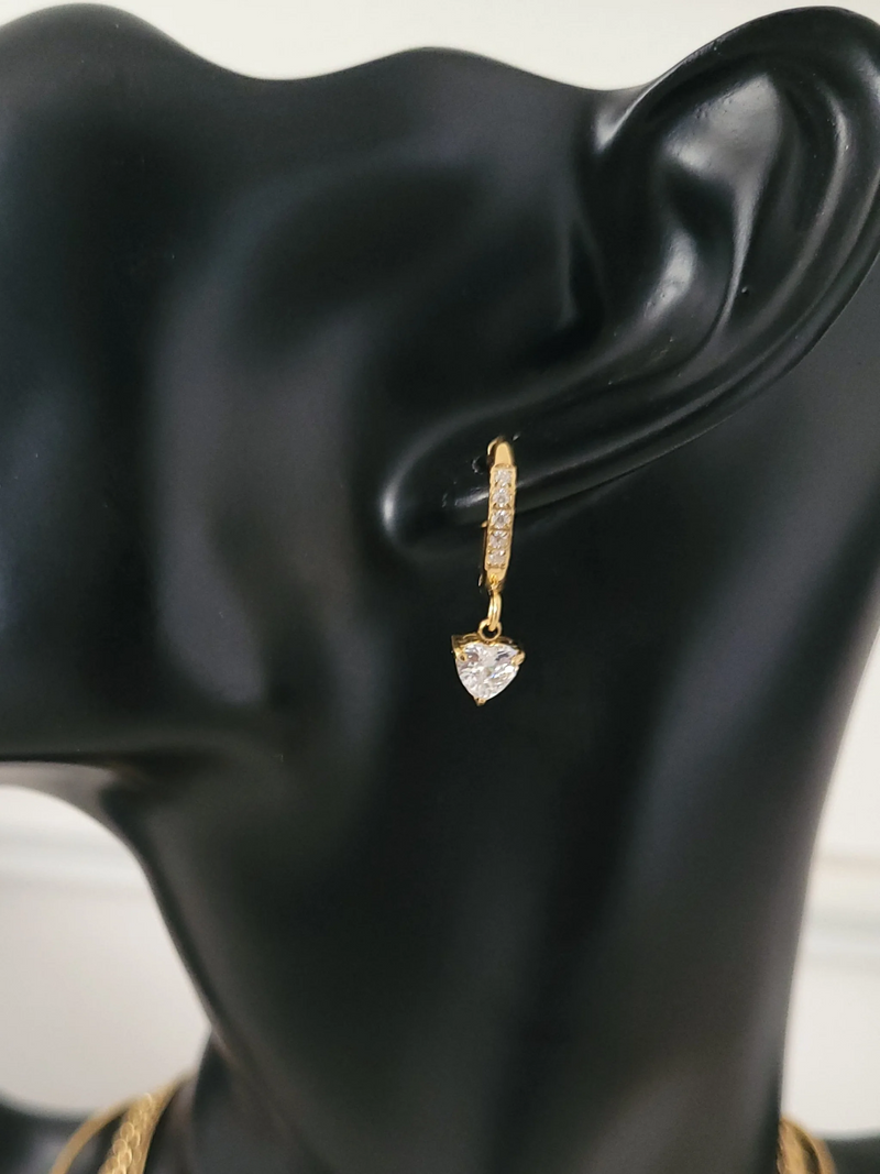 Gold-Plated CZ-Studded Hoop Earrings with Heart-Shaped Danglers