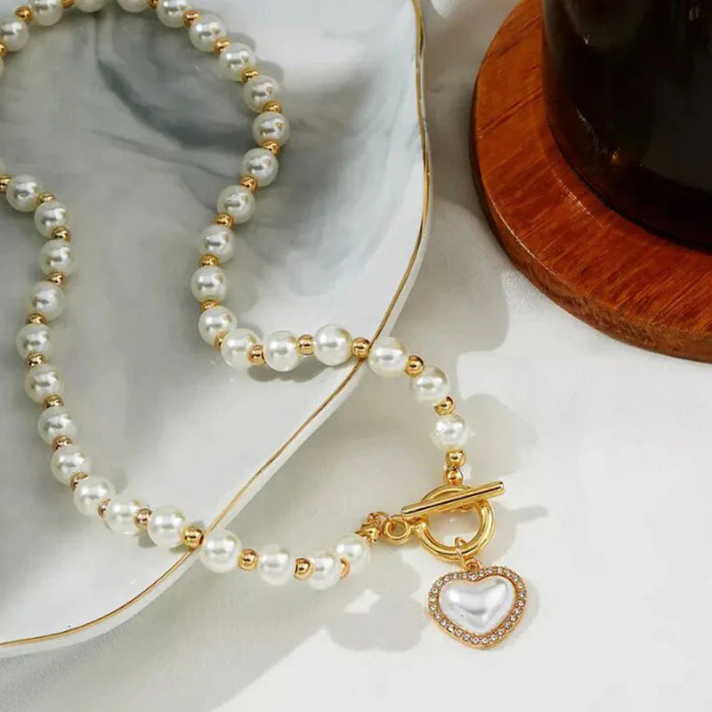 Elegant White Gold Toned Heart inspired Pearl Necklace For Women