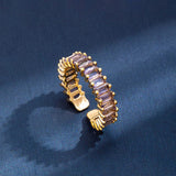 Gold Toned Anti Tarnish Purple Adjustable Finger Ring  with Lavender Baguette-Cut Stones