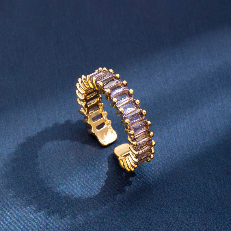 Gold Toned Anti Tarnish Purple Adjustable Finger Ring  with Lavender Baguette-Cut Stones