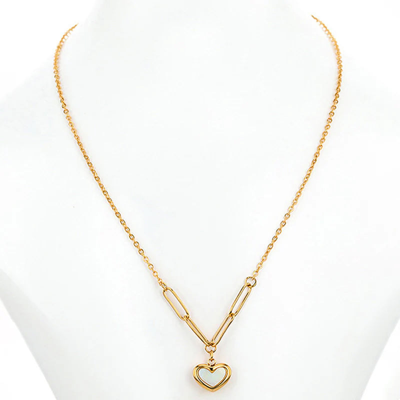 Gold-Toned Chain-Link Necklace with White Enamel Pendant Anti Tarnish Heart Themed Pendant