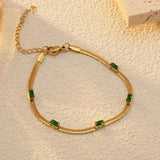 Gold Toned Anti Tarnish Snake Chain Green Emerald Studded Wraparound Bracelet