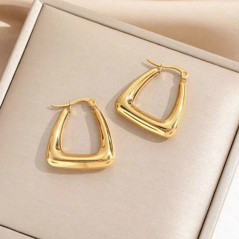 Gold Toned Anti Tarnish Chunky Geometric Statement Hoop Earrings
