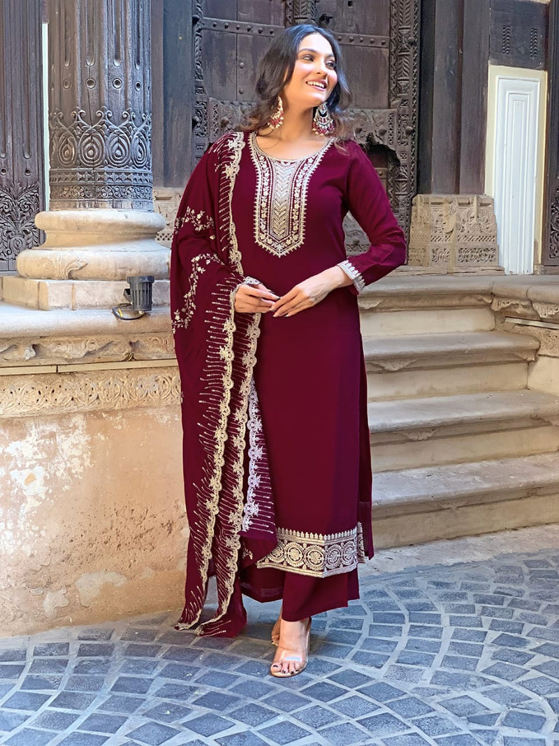 Maroon Embroidered Kurta Set with Dupatta