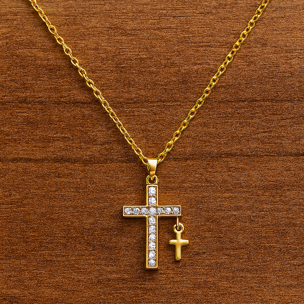 Gold-Plated Dual Cross Pendant Necklace with Cubic Zirconia