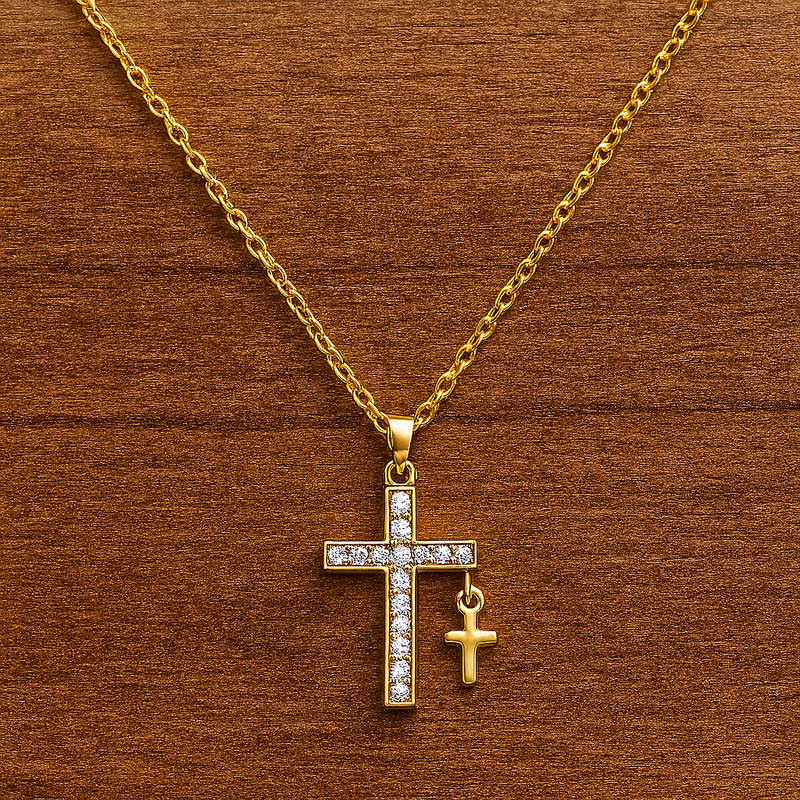 Gold-Plated Dual Cross Pendant Necklace with Cubic Zirconia