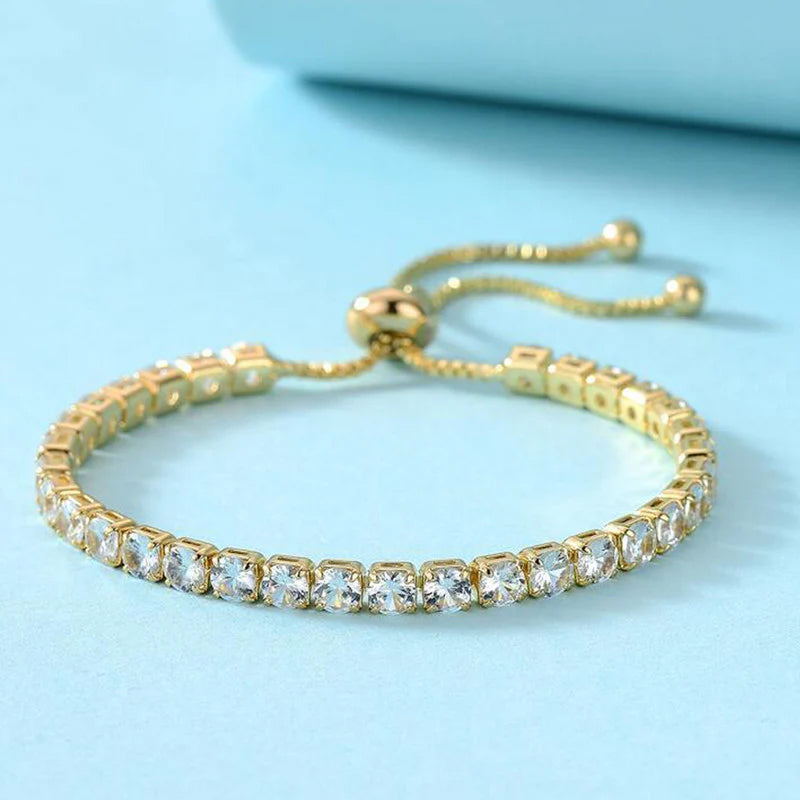 Gold Toned Round Cut with Sparkling Cubic Zirconia White Matrix Adjustable Tennis Bracelet
