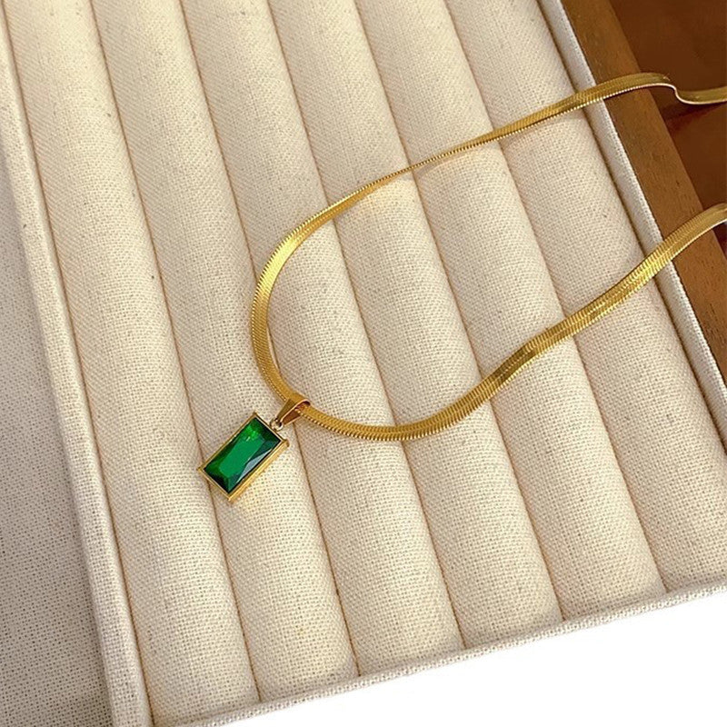Gold-Toned Snake Chain Anti Tarnish Emerald-Green Rectangular Pendant