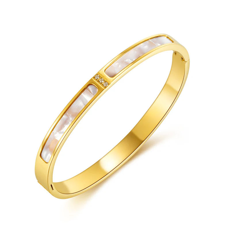 Gold Toned Mother of Pearls Contemporary Anti-Tarnish Bracelet with Enamel Inlay & Crystal Accents
