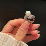 Silver Toned Pearl Studded Silver Jaguar Themed Finger Ring with Pearl Accent for Women