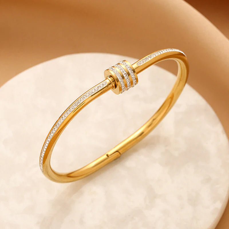 Gold Toned American Diamond Studded Bangle Style Anti-Tarnish Bracelet