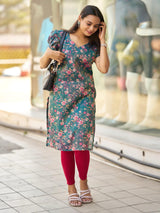 Teal Green Floral Printed Kurta with Puff Sleeves
