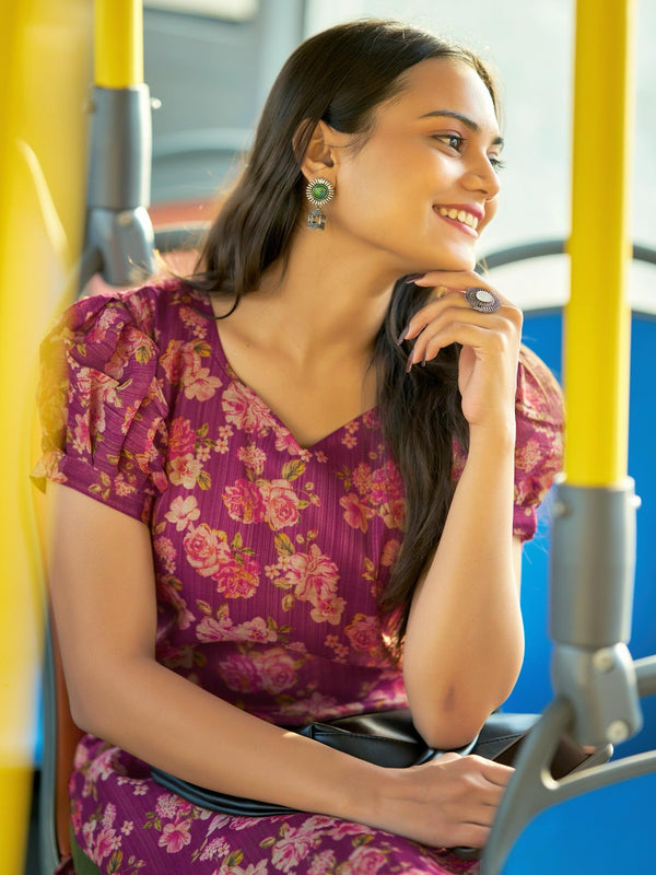 Pink Floral Printed Kurta with Puff Sleeves