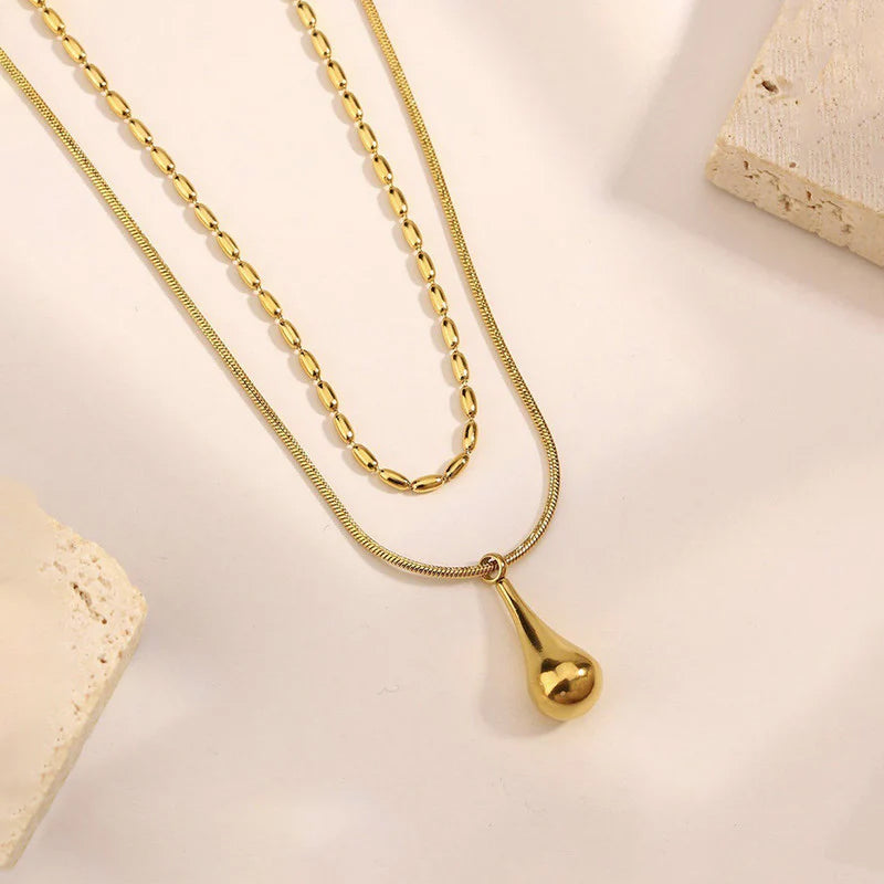 Gold-Toned Anti Tarnish Minimalistic Teardrop Layered Necklace