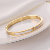 Gold Toned Mother of Pearls Contemporary Anti-Tarnish Bracelet with Enamel Inlay & Crystal Accents