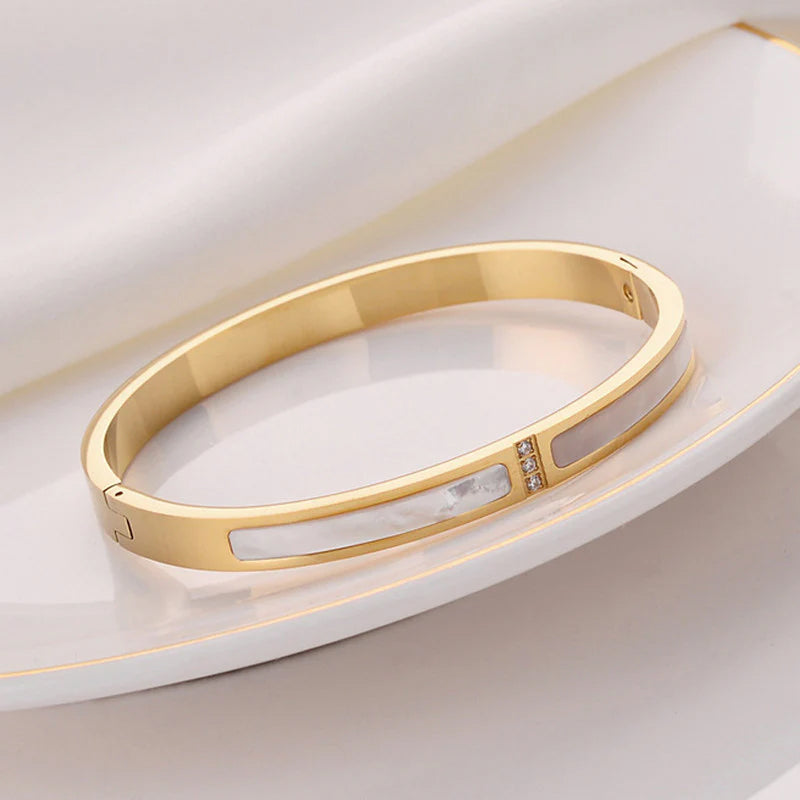 Gold Toned Mother of Pearls Contemporary Anti-Tarnish Bracelet with Enamel Inlay & Crystal Accents