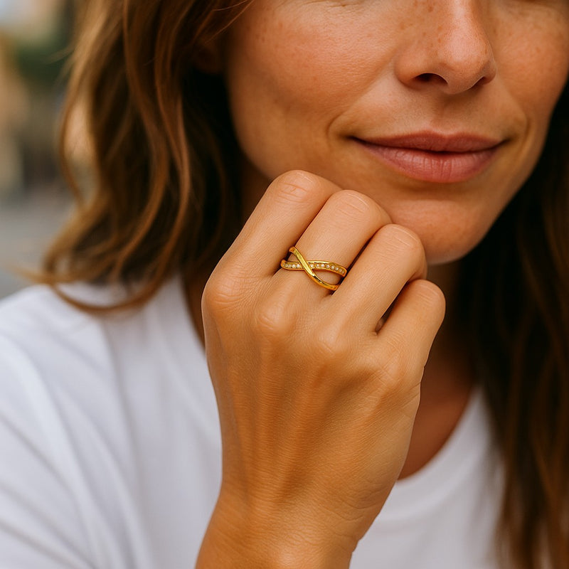 Gold-Plated Adjustable Crossover Ring with CZ Accents