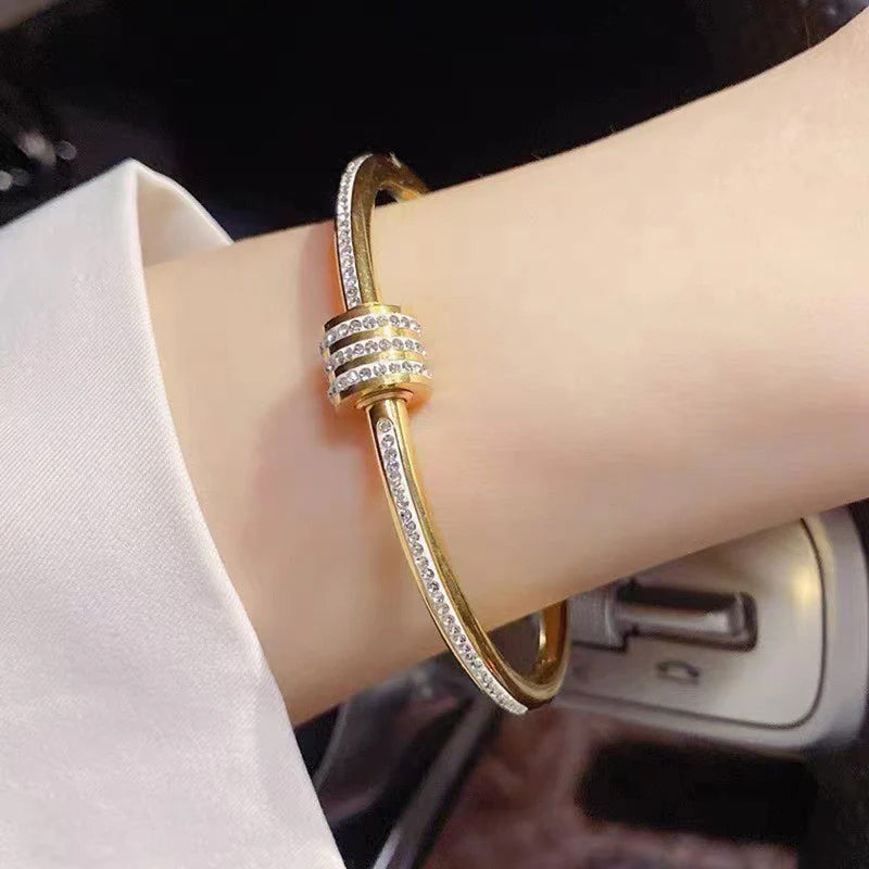 Gold Toned American Diamond Studded Bangle Style Anti-Tarnish Bracelet