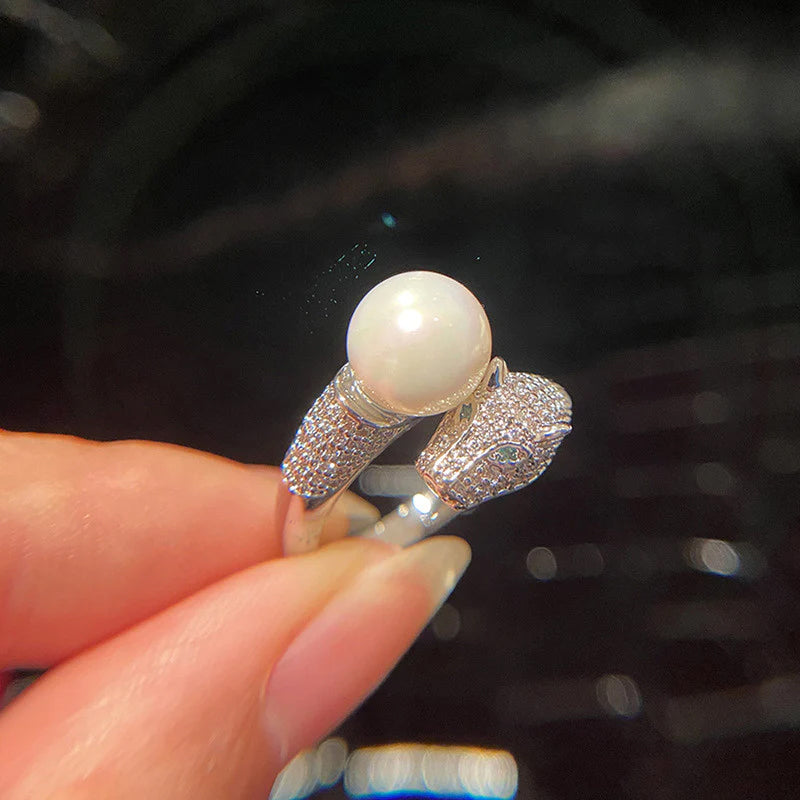 Silver Toned Pearl Studded Silver Jaguar Themed Finger Ring with Pearl Accent for Women