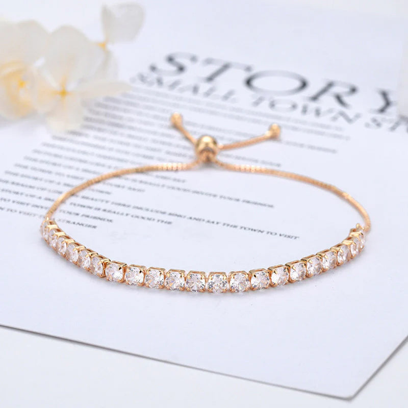 Gold Toned Round Cut with Sparkling Cubic Zirconia White Matrix Adjustable Tennis Bracelet