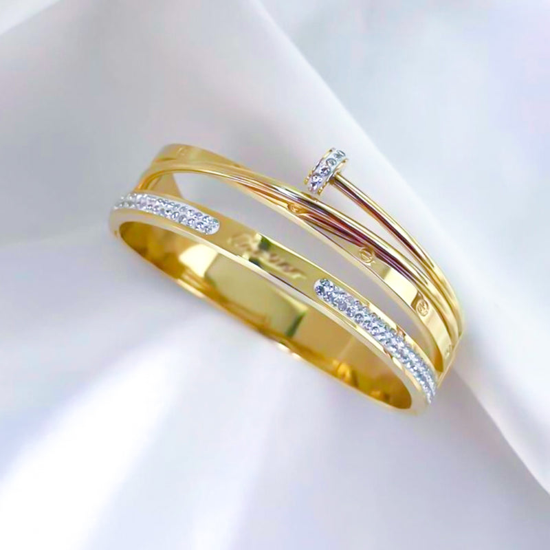 Gold Plated Bangle Bracelet for Women | Paved Cubic Zirconia Stones | Minimalist Nail Design Cuff | Tarnish Resistant Fashion Jewelry