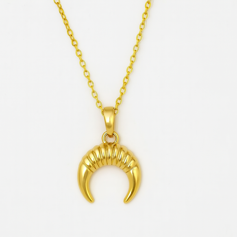 Gold-Plated Ribbed Crescent Moon Pendant Necklace for Women