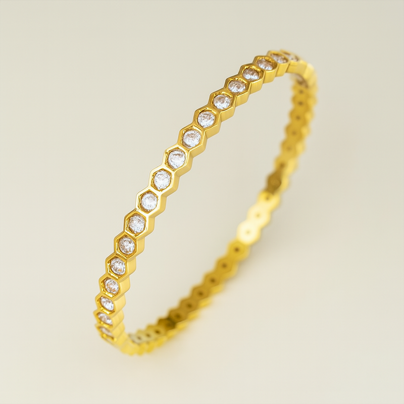Gold-Plated Geometric CZ-Studded Bangle for Women